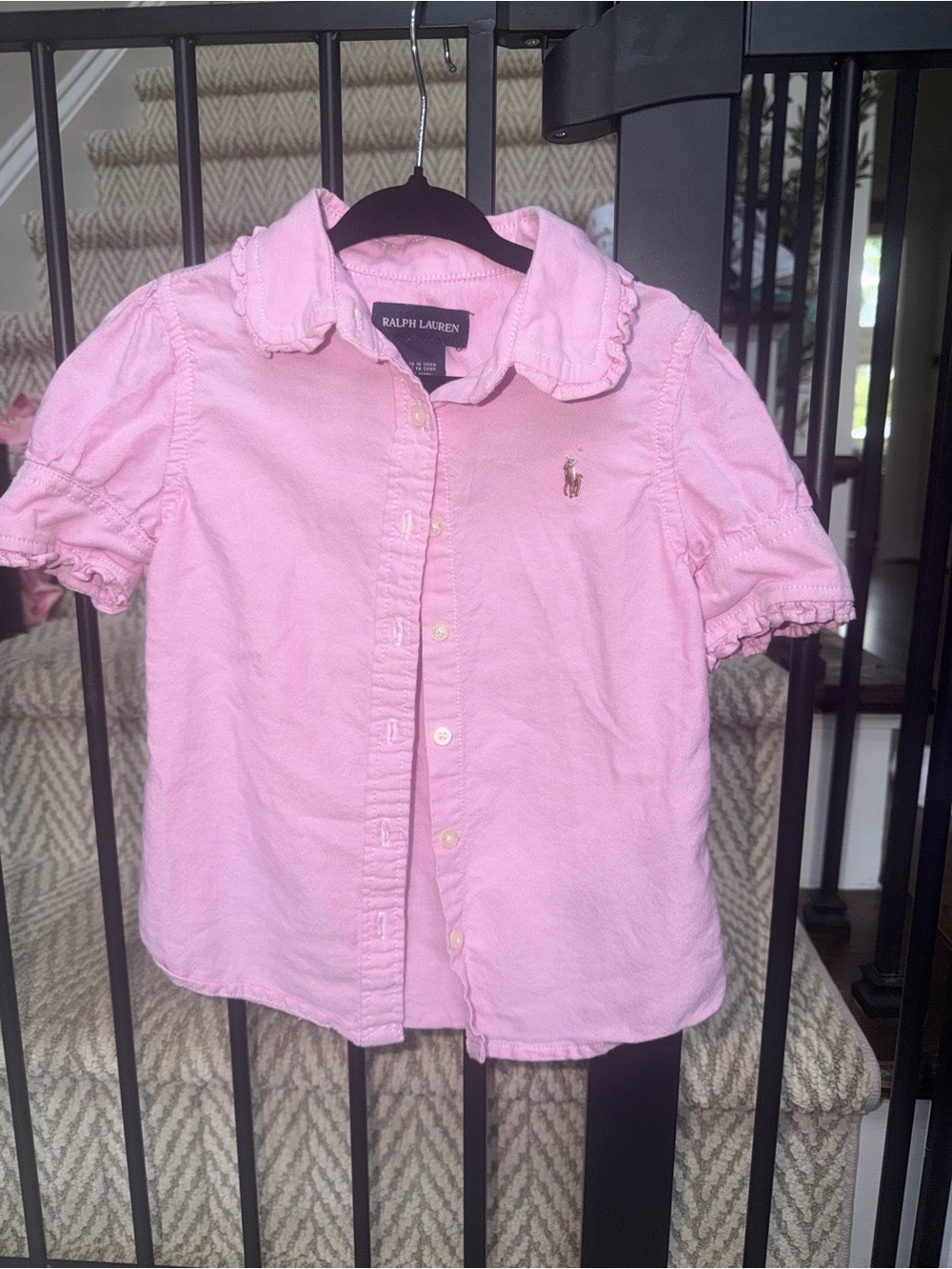 Ralph Lauren Girls Pink Ruffle Collar Button-Down Shirt